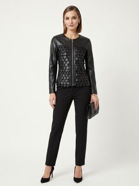 Linea Domani Black Faux Leather Jacket Size 4 | Statement Disc Detail Zip